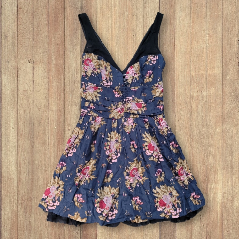 Free People Size 6 Navy Blue Pink Cabbage Rose Fit & Flare Tulle Mini Dress